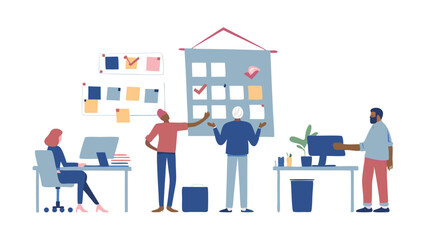 Fototapete - Illustration of a collaborative office space with people working and planning on a calendar board