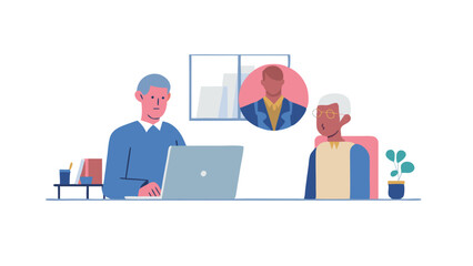 Fototapete - Illustration of two people sitting at a desk with a laptop and a video call in a bright room setting