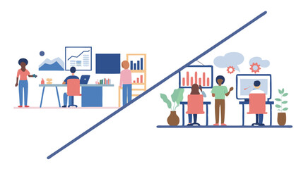 Fototapete - Illustration depicting two office spaces with people working and analyzing data on charts and computers