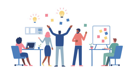 Fototapete - Illustration of diverse team brainstorming with lightbulbs and sticky notes in a modern office space