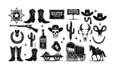 modern vector illustration of wild west-themed icons in a vintage monochrome style, easily scalable 