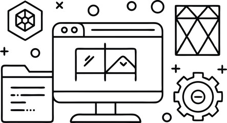 Outline Illustration of Computer Screen with Folder Gear and Geometric Shapes