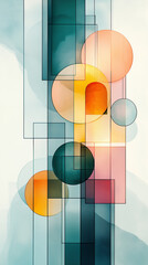 Wall Mural - An abstract geometric composition of a transparent shapes - circles, rectangles, and lines - in mint green, light blue, soft yellow, and pink.
