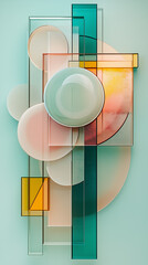 Wall Mural - An abstract geometric composition of a transparent shapes - circles, rectangles, and lines - in mint green, light blue, soft yellow, and pink.