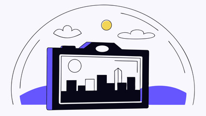 Poster - Vector flat camera capturing city skyline with clouds and sun background, evoking creativity and inspiration, Copy space