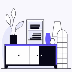 Poster - Vector modern interior scene featuring stylish cabinet with vibrant blue accent, adorned with decorative items like plant, books, Copy space
