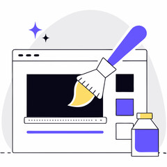 Poster - Vector paintbrush applying yellow paint on computer screen, showcasing creativity and design, Copy space