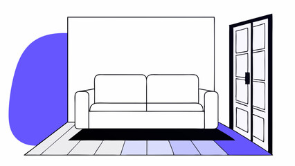 Poster - Vector minimalist interior featuring simple sofa, door, and colorful wall accent creates calm atmosphere, Copy space