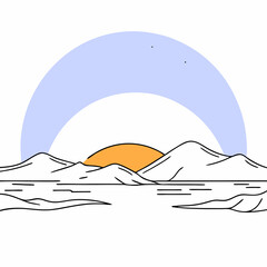 Poster - Vector minimalist landscape featuring mountains and rising sun, evoking sense of calm and tranquility, Copy space