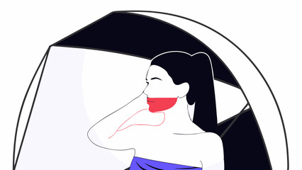 Poster - Vector woman with ponytail poses gracefully, showcasing artistic facial features and colorful design, Copy space