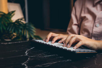 Poster - Person Typing on Modern Keyboard at a Stylish Desk with Green Plant in a Cozy Indoor Environment
