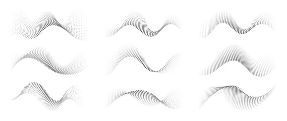 Aufkleber - Abstract dotted halftone waves collection. Black and white digital wavy dot, twisted wave line and halftone gradient pattern. Elements on white background for business, education and technology.