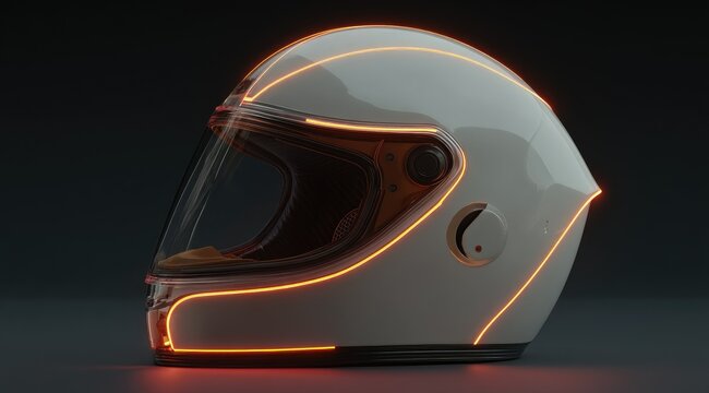 Sleek white helmet with vibrant orange neon outlining its profile, set against a dark background; showcasing a modern, futuristic design