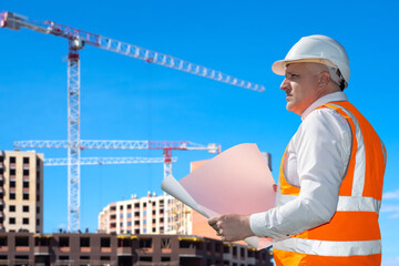 Poster - head of construction company with blueprints. man architect near houses under construction. portrait