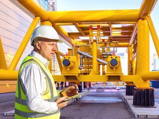 Poster - gas station engineer. man operates compressor station. gas compressor equipment behind guy. man engi