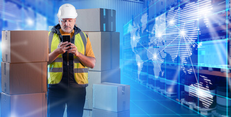 Poster - Man logistics warehouse specialist. Map with supply chains behind logistician. Man cargo delivery manager with phone in his hands. Storekeeper in service uniform stands in warehouse.