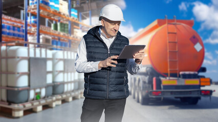 Poster - Man fuel logistics specialist. Logistician with tablet computer near fuel tanker. Employee man of fuel logistics center. Contractor oil logistics company. Portrait oil industry specialist in hardhat