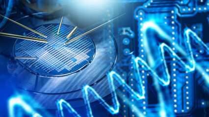Poster - Microchip manufacturing. Microprocessor testing machine. Semiconductor manufacturing. Microchip production at factory. Automated semiconductor manufacture. High-tech industry. Electronic development