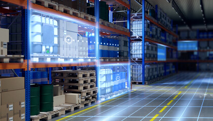Poster - High-tech warehouse. Virtual screens near storage racks. Warehouse inventory control technologies. Industrial enterprise storage area. Warehouse hangar with barrels and boxes on pallets. 3d image
