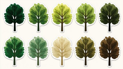 A symmetrical sticker sheet featuring 10 identical, minimalist tree characters in different shades.