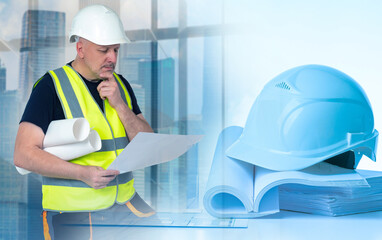 Poster - man builder thoughtfully. architect holds papers touching chin. construction documentation on manage