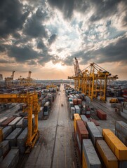 Fototapete - Wide-angle View of Industrial Logistics Center Showcasing Storage Containers and Cranes During Sunset Hours