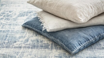 Poster - Soft Textures and Fabrics with Decorative Pillows on a Blue Background