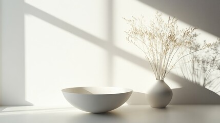 Poster - Minimalist Still Life with Bowl and Dried Flowers in Soft Light