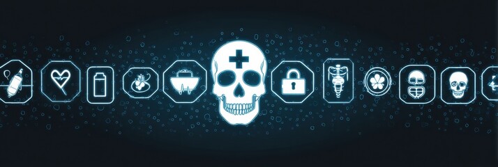 Poster - Digital Healthcare Poster Mockup Featuring a Skull, Medical Icons, and Security Themes Against a White Background