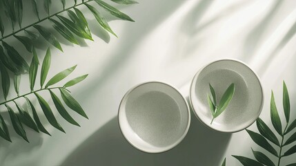 Poster - Minimalist Composition of Bowls with Green Leaves on Surface