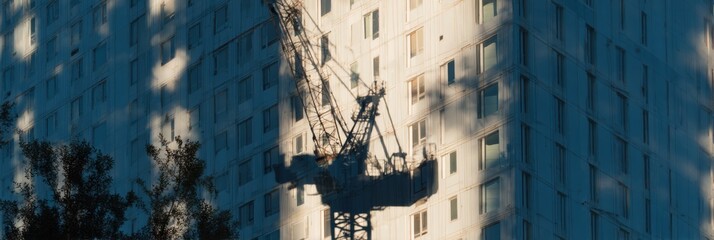 Poster - Tower Crane Shadow Cast on Newly Erected Building Facade in Daylight Conditions