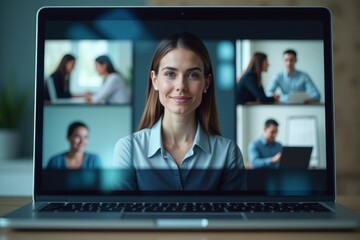 Poster - Virtual Business Team: Reflection of Person's Face in Laptop Screen With Transparent Images of Remote Team Members