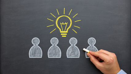 Poster - Hand drawing people under a lightbulb on a blackboard representing teamwork and creative ideas