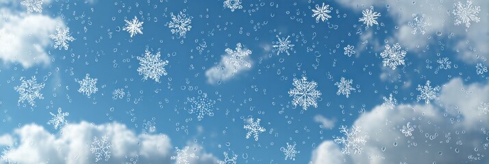 Aufkleber - Decorative Weather-Themed Stickers Displaying Snowflakes Against a Clear Blue Sky With Soft White Clouds