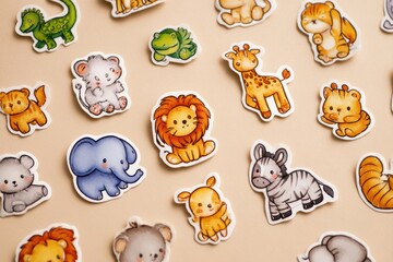Poster - Funny Cartoon Animal Stickers on a Neutral Background Create a Playful and Colorful Arrangement for Decoration and Fun