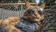 © alex - Charming orange cat in sunglasses and denim overalls lounging on hammock, raising paws in trendy pose.