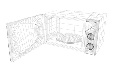 Poster - A microwave oven with a fan inside. The microwave is open and the fan is visible. The image is in black and white