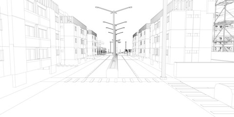 Poster - A street scene with a tall street light in the middle. The street is empty and the buildings are tall