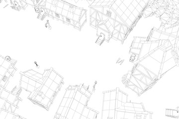 Poster - A black and white illustration of a cityscape with a lot of buildings. The buildings are all different sizes and shapes