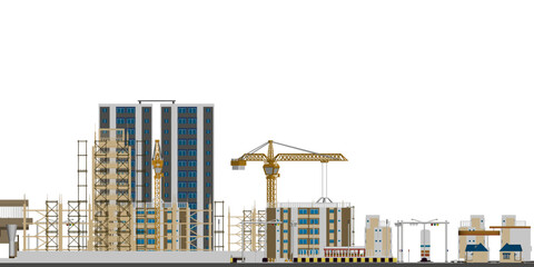 Poster - A city skyline with a crane in the middle. The buildings are tall and the city is bustling with activity