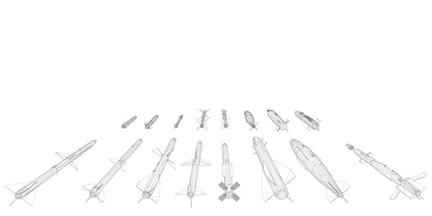 Poster - A series of missiles are shown in a black and white illustration. Concept of chaos and destruction, as the missiles are scattered across the white background