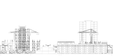 Poster - A drawing of a city skyline with two buildings and a bridge. The buildings are tall and the bridge is long. The sky is clear and the buildings are spread out