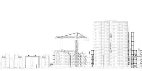 Poster - A drawing of a city skyline with a large building in the middle. The drawing is in black and white and has a very clean and simple style. The mood of the drawing is calm and peaceful