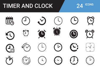 Poster - Timer and Clock Icons: A comprehensive set of 24 minimalist timer and clock icons, perfect for web design, app development, or any project needing time-related symbols.