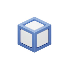 Poster - Geometric 3D Cube with Interlocking Blue Frame and White Inserts, Presenting a Contemporary Minimalist Design on a Clear Plain Backdrop