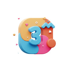 Poster - Playful 3D Number Three in Pastel Tones Floating on White Backdrop for Festive Celebrations and Childhood Designs with Geometric Shapes