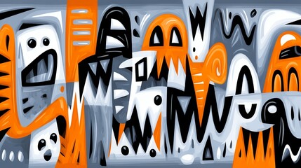 Poster - Abstract Pixel Art Orange Black Gray Shapes and Patterns