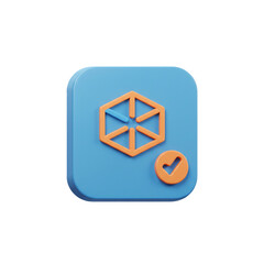Poster - Isometric design displaying blue square with orange isometric cube symbol and a check mark indicating a successful completion in modern 3D style