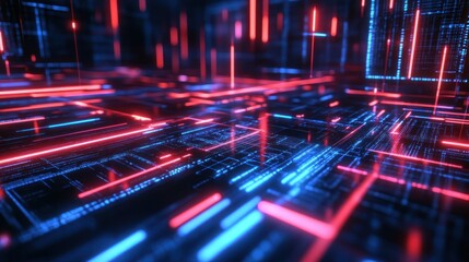 Poster - Holographic digital circuit network with red and blue neon lines, background wallpaper AI generated image