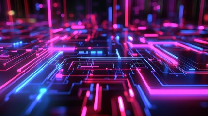 Poster - Holographic digital circuit network with red and blue neon lines, background wallpaper AI generated image